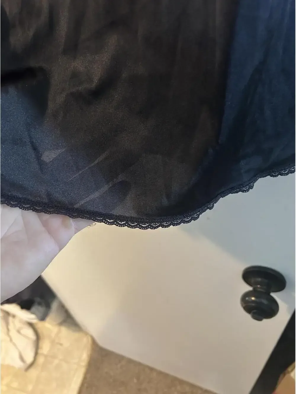 Vintage Vasserette Black silk slip skirt with lace trim and elastic waistband